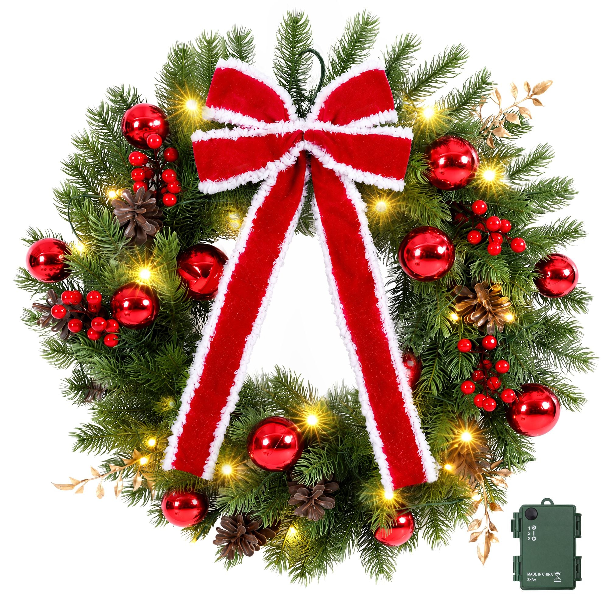 Jingle Jollys 60cm Pre-lit Christmas Wreath Garlands LED Light Front Door Decor Bow