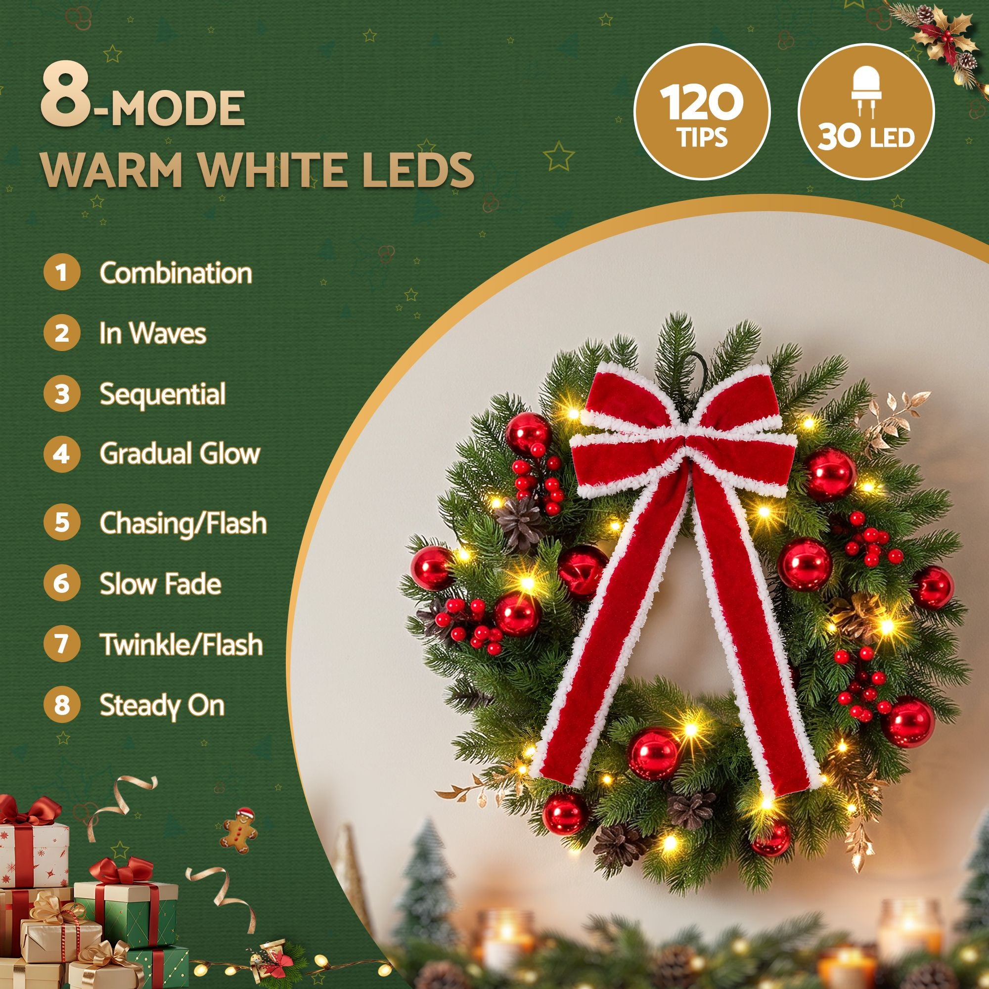 Jingle Jollys 60cm Pre-lit Christmas Wreath Garlands LED Light Front Door Decor Bow