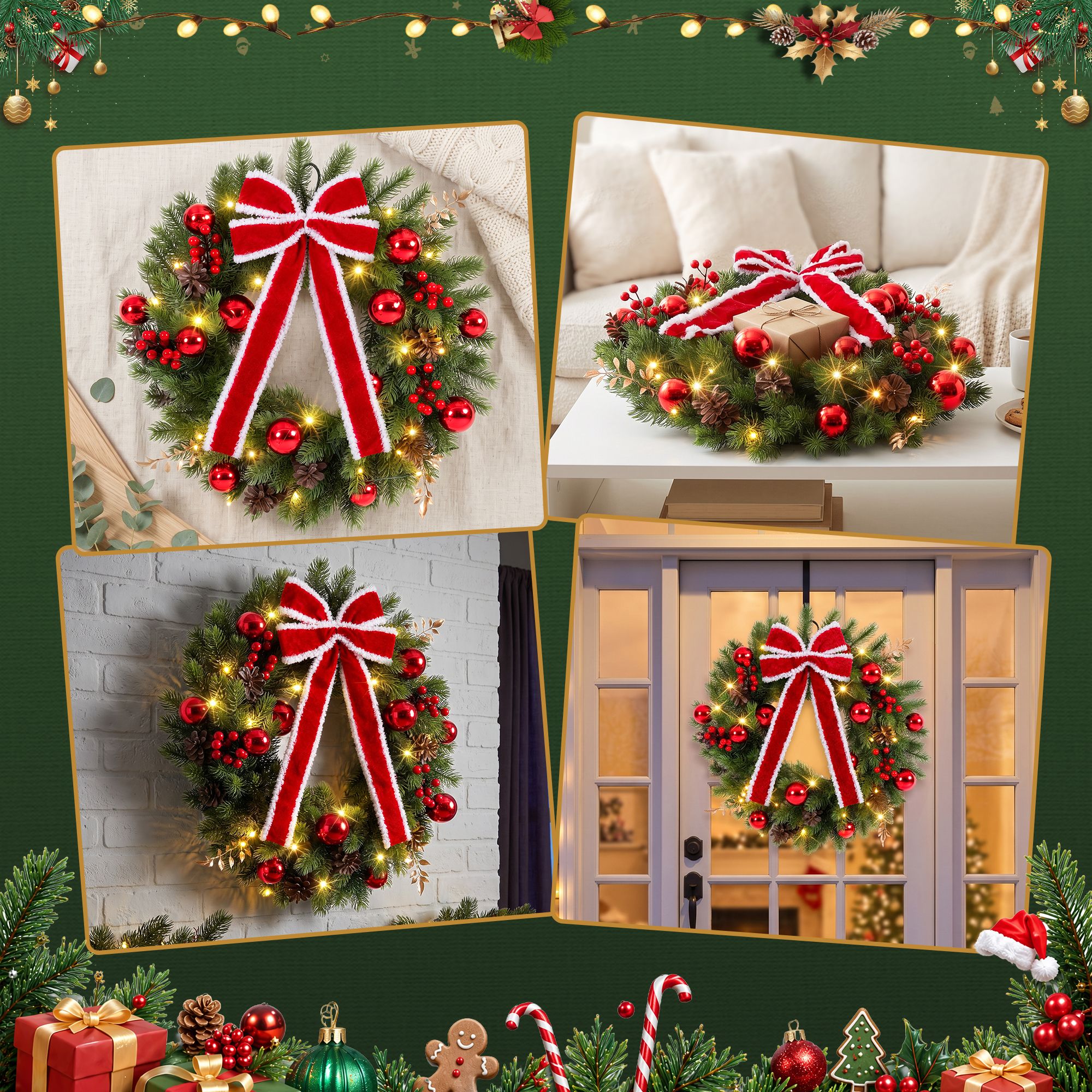 Jingle Jollys 60cm Pre-lit Christmas Wreath Garlands LED Light Front Door Decor Bow