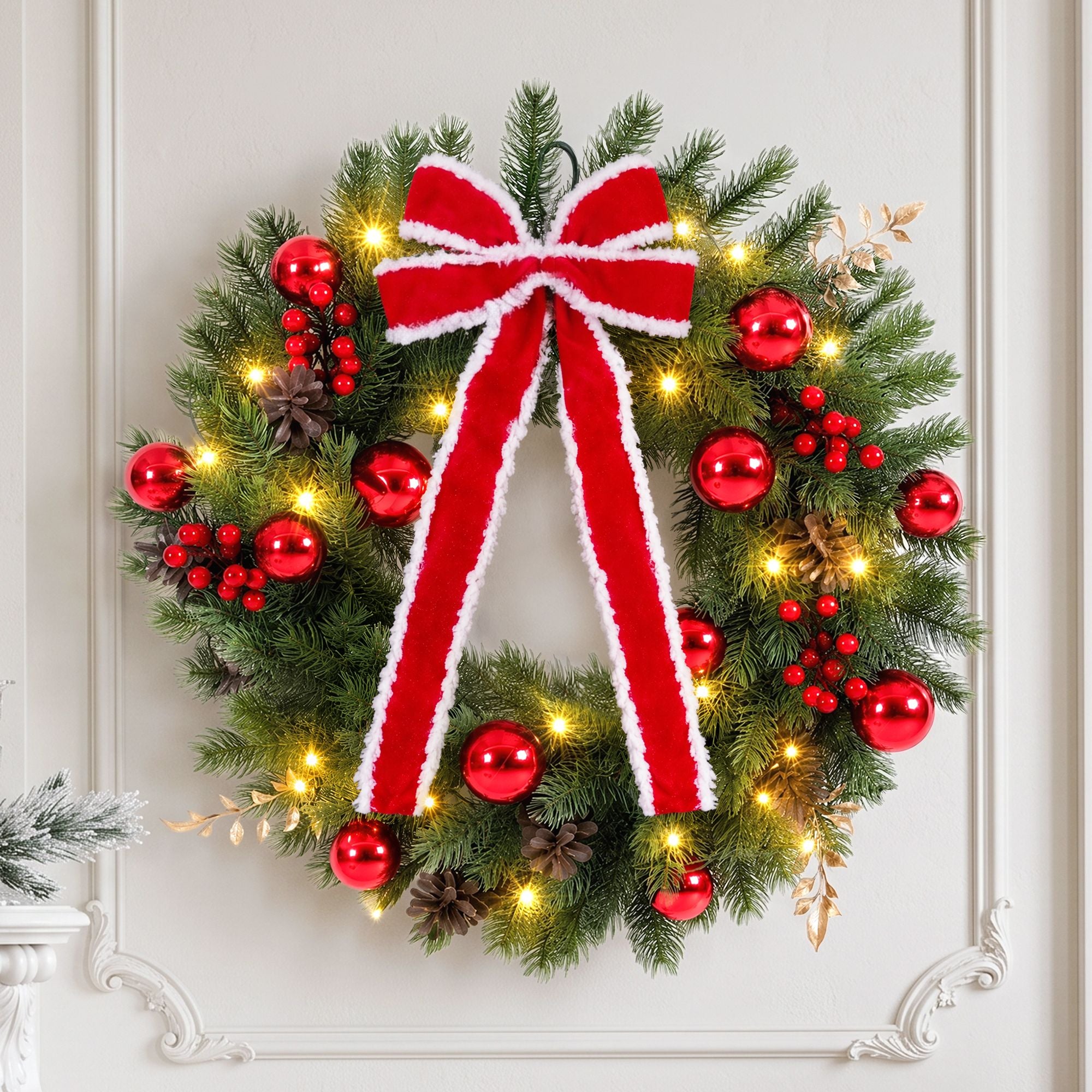 Jingle Jollys 60cm Pre-lit Christmas Wreath Garlands LED Light Front Door Decor Bow