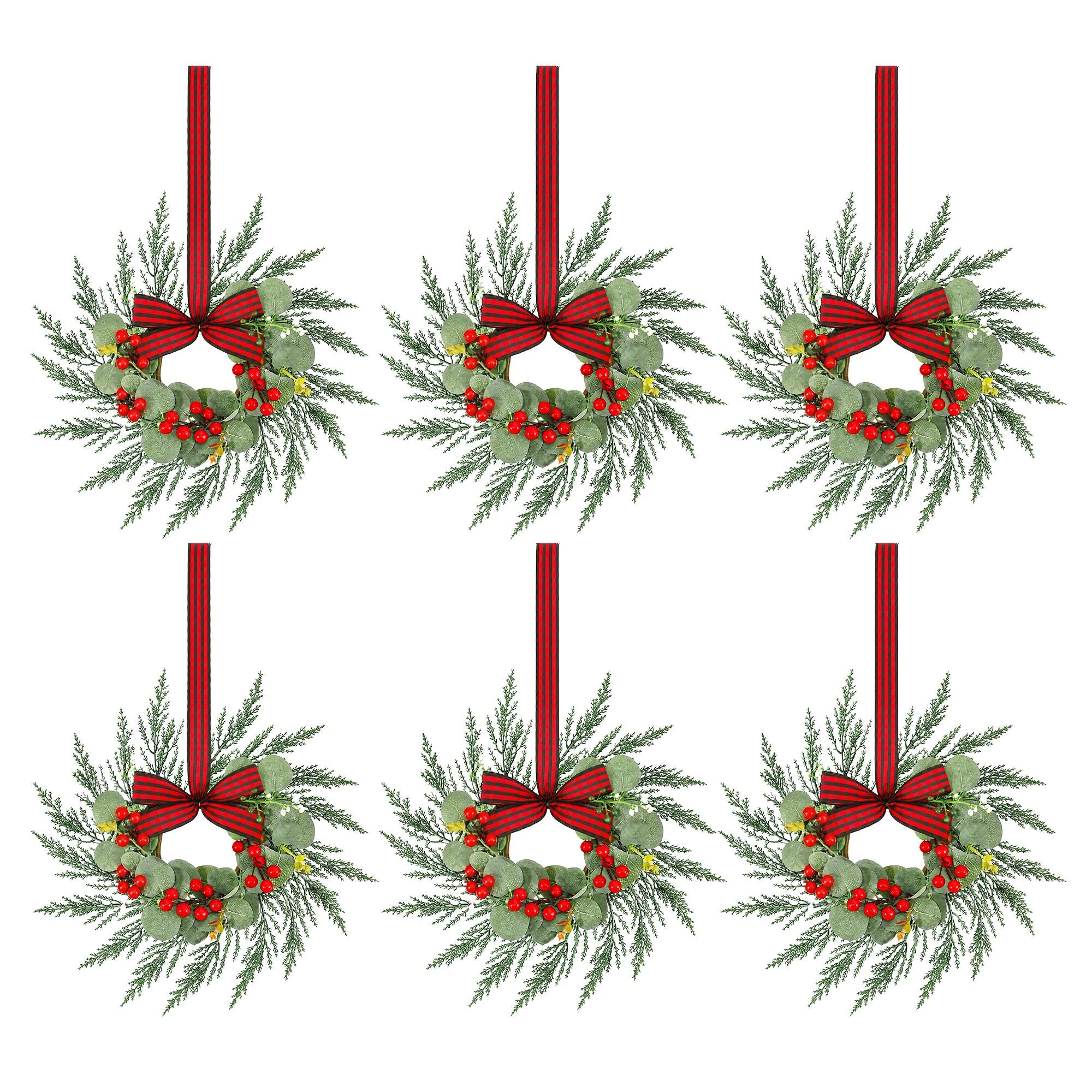 Jingle Jollys 6x Christmas Wreath Garland 26cm Pre-lit Wreaths Red Berries Bow
