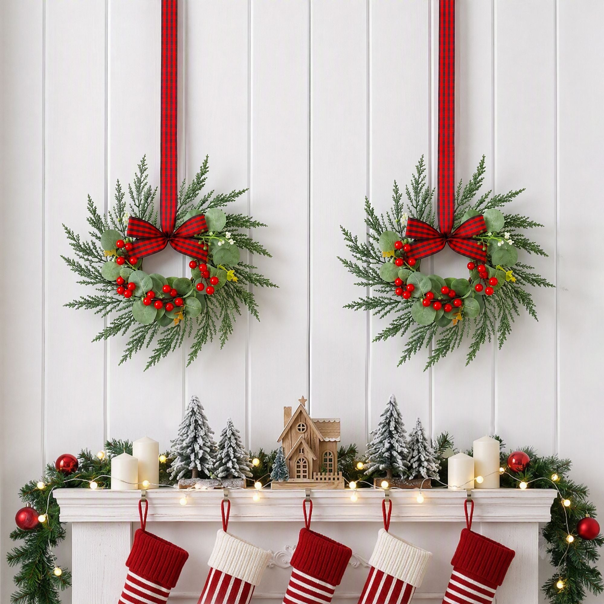 Jingle Jollys 6x Christmas Wreath Garland 26cm Pre-lit Wreaths Red Berries Bow