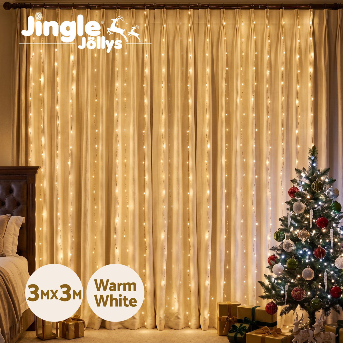 Jingle Jollys 3m x 3m Curtain String Lights 300 LED Warm White
