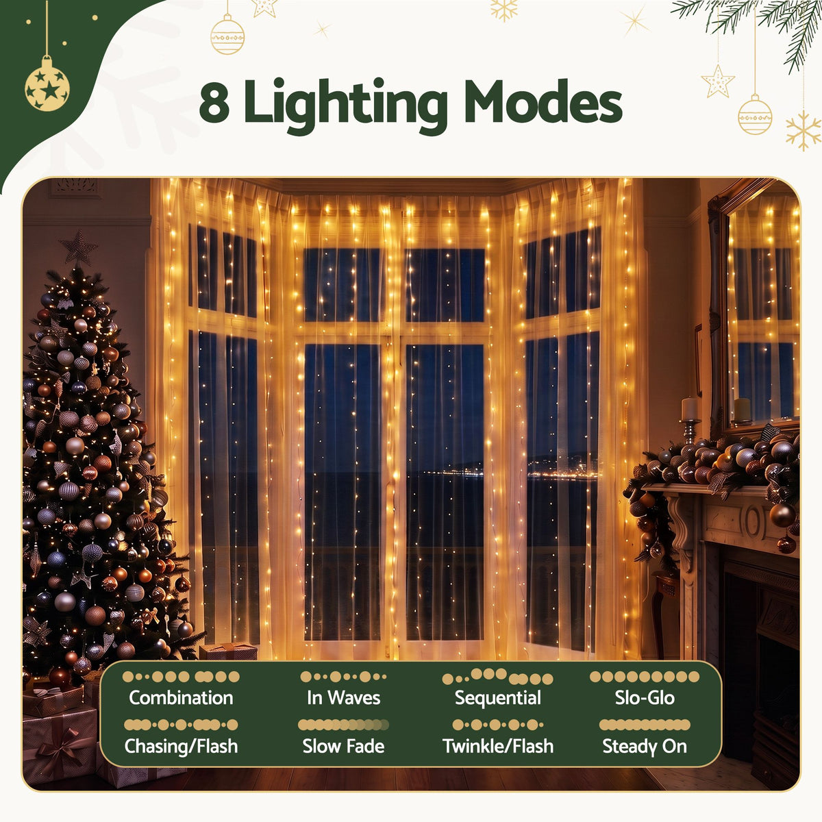 Jingle Jollys 3m x 3m Curtain String Lights 300 LED Warm White