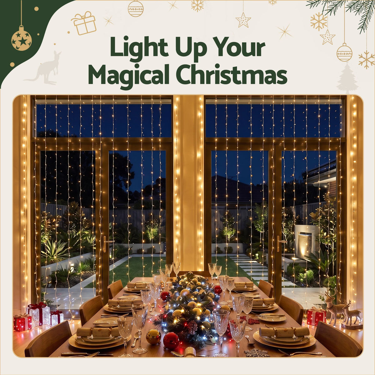 Jingle Jollys 3m x 3m Curtain String Lights 300 LED Warm White