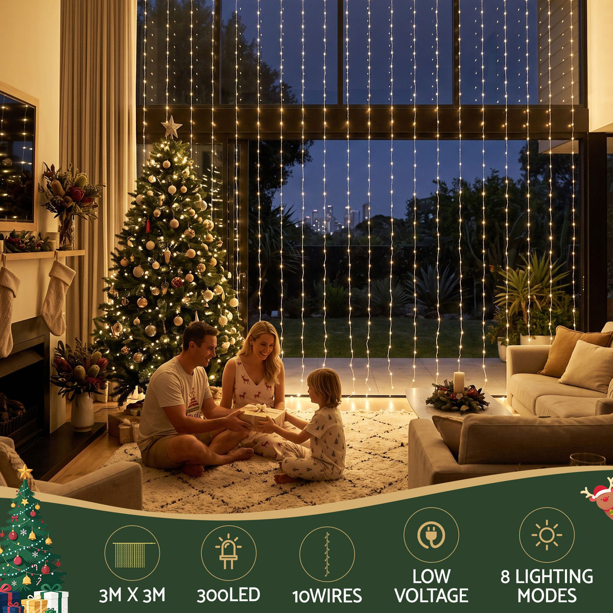Jingle Jollys 3m x 3m Curtain String Lights 300 LED Warm White