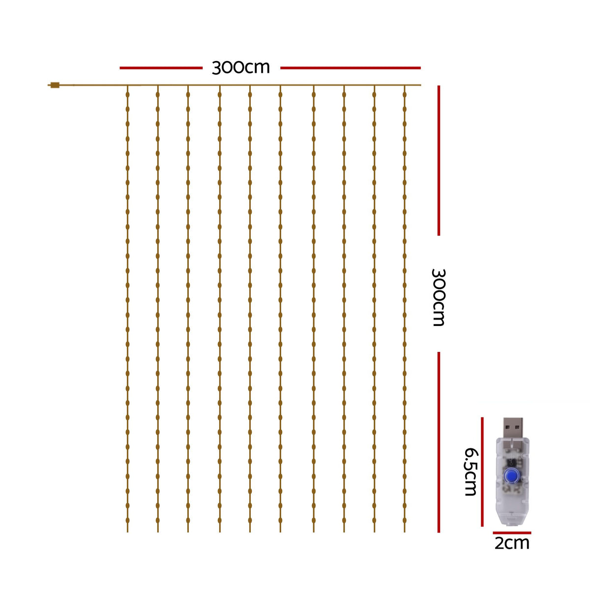 Jingle Jollys 3m x 3m Curtain String Lights 300 LED Warm White