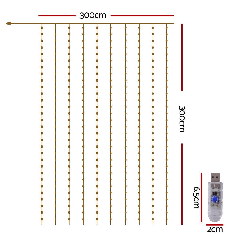 Jingle Jollys 3x3m Curtain String Lights 300 LED Warm White