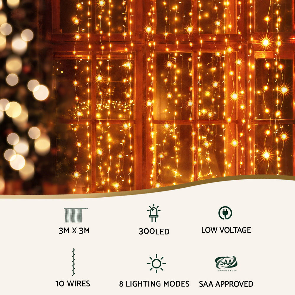 Jingle Jollys 3x3m Curtain String Lights 300 LED Warm White