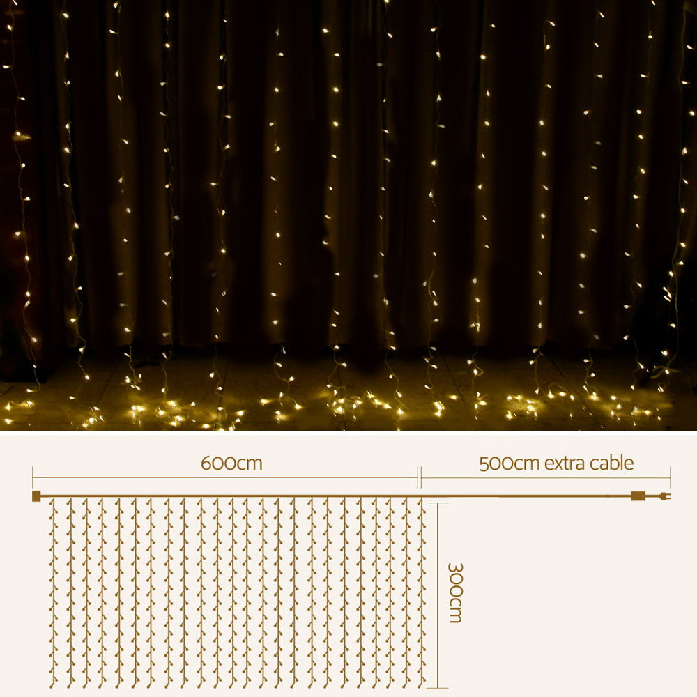 Jingle Jollys 3x6M Curtain Lights 600 LED Warm White Christmas