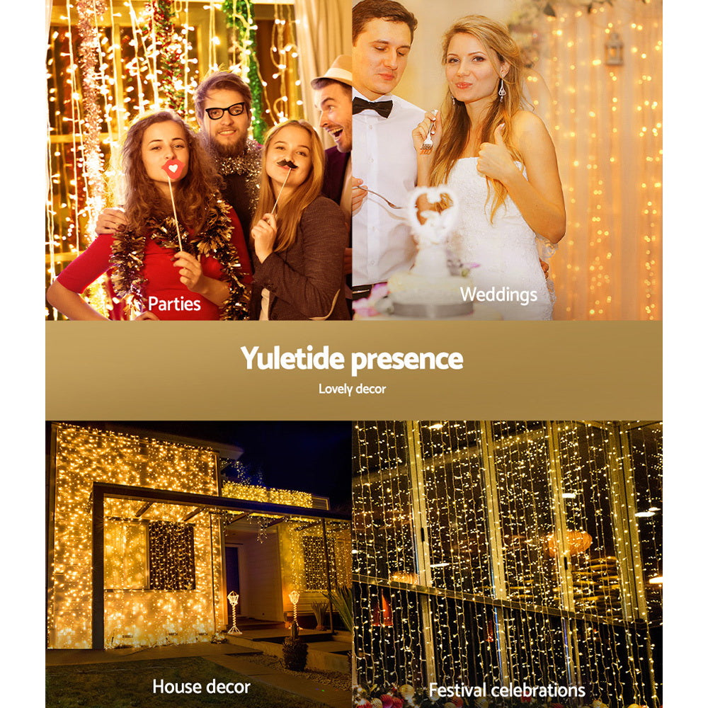 Jingle Jollys 3x6M Curtain Lights 600 LED Warm White Christmas