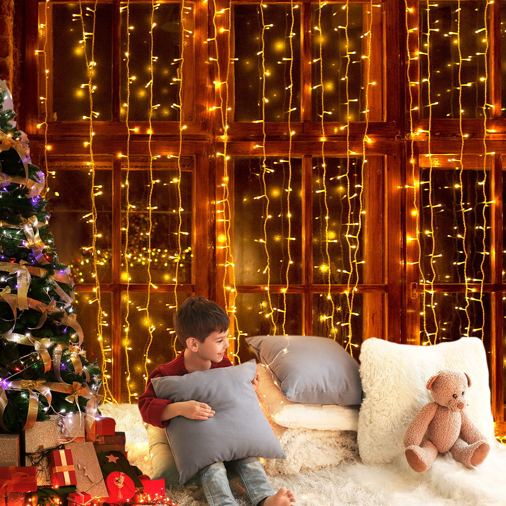 Jingle Jollys 3x6M Curtain Lights 600 LED Warm White Christmas