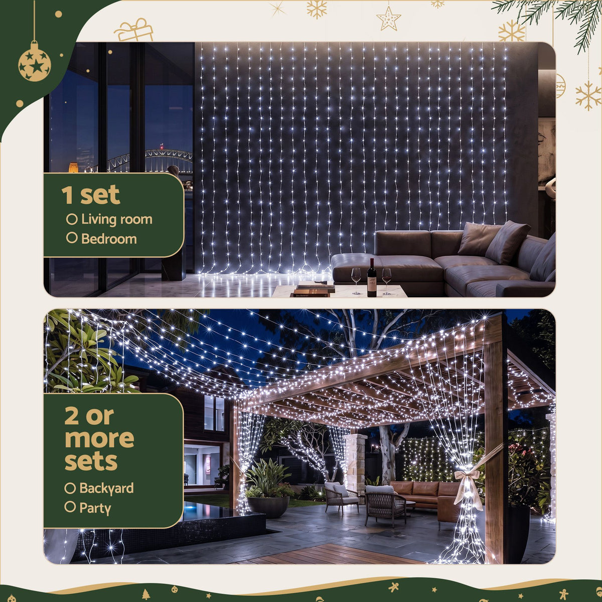 Jingle Jollys 6X3M Christmas Curtain Lights Cool White 600 LED