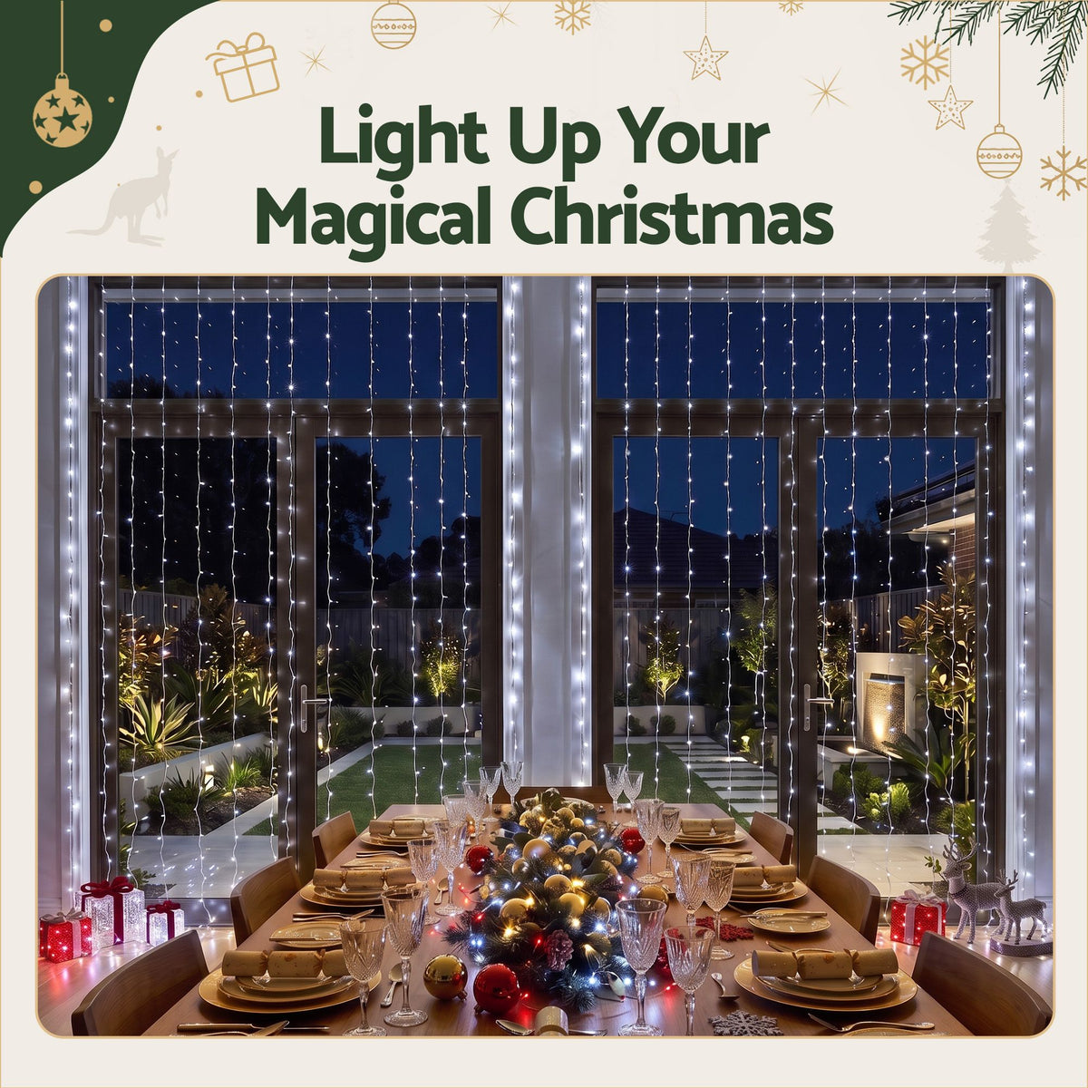 Jingle Jollys 6X3M Christmas Curtain Lights Cool White 600 LED