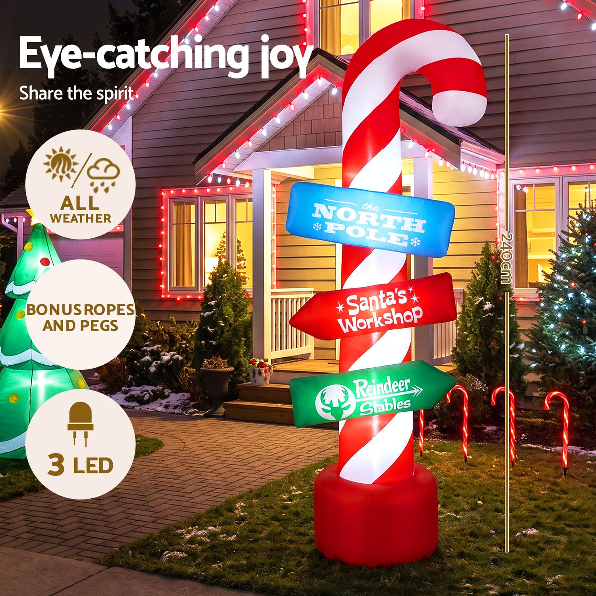 Jingle Jollys Christmas Inflatable Candy Pole 2.4M Illuminated