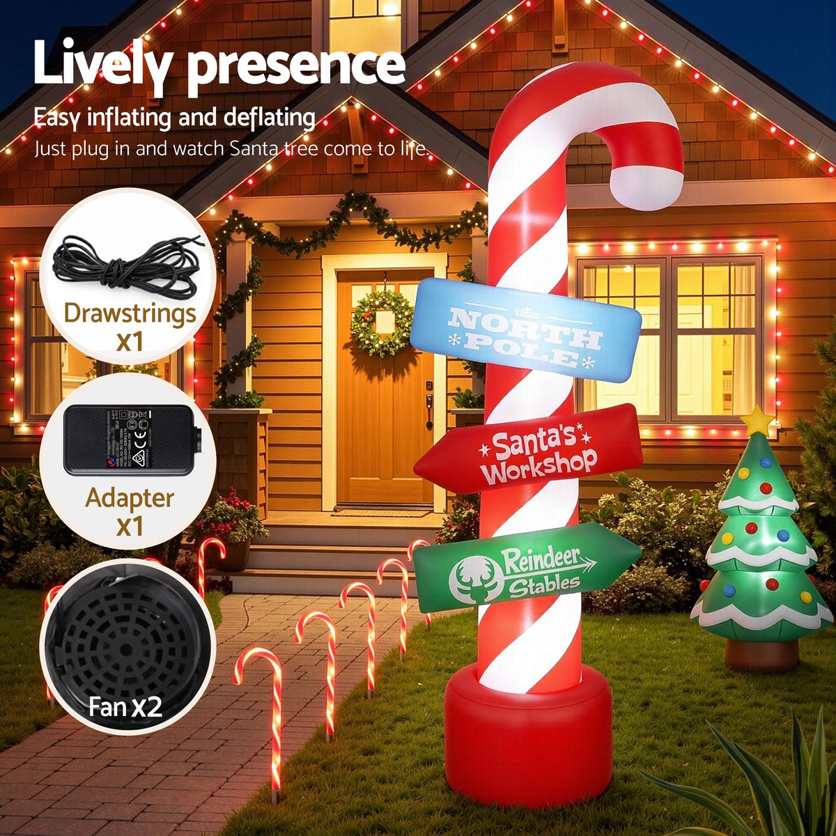 Jingle Jollys Christmas Inflatable Candy Pole 2.4M Illuminated
