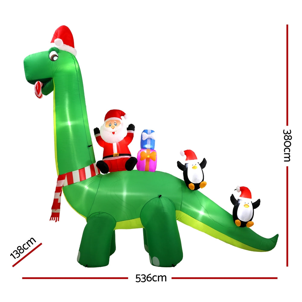 Water-Resistant LED Inflatable Santa Dinosaur, 3.8M, Jingle Jollys