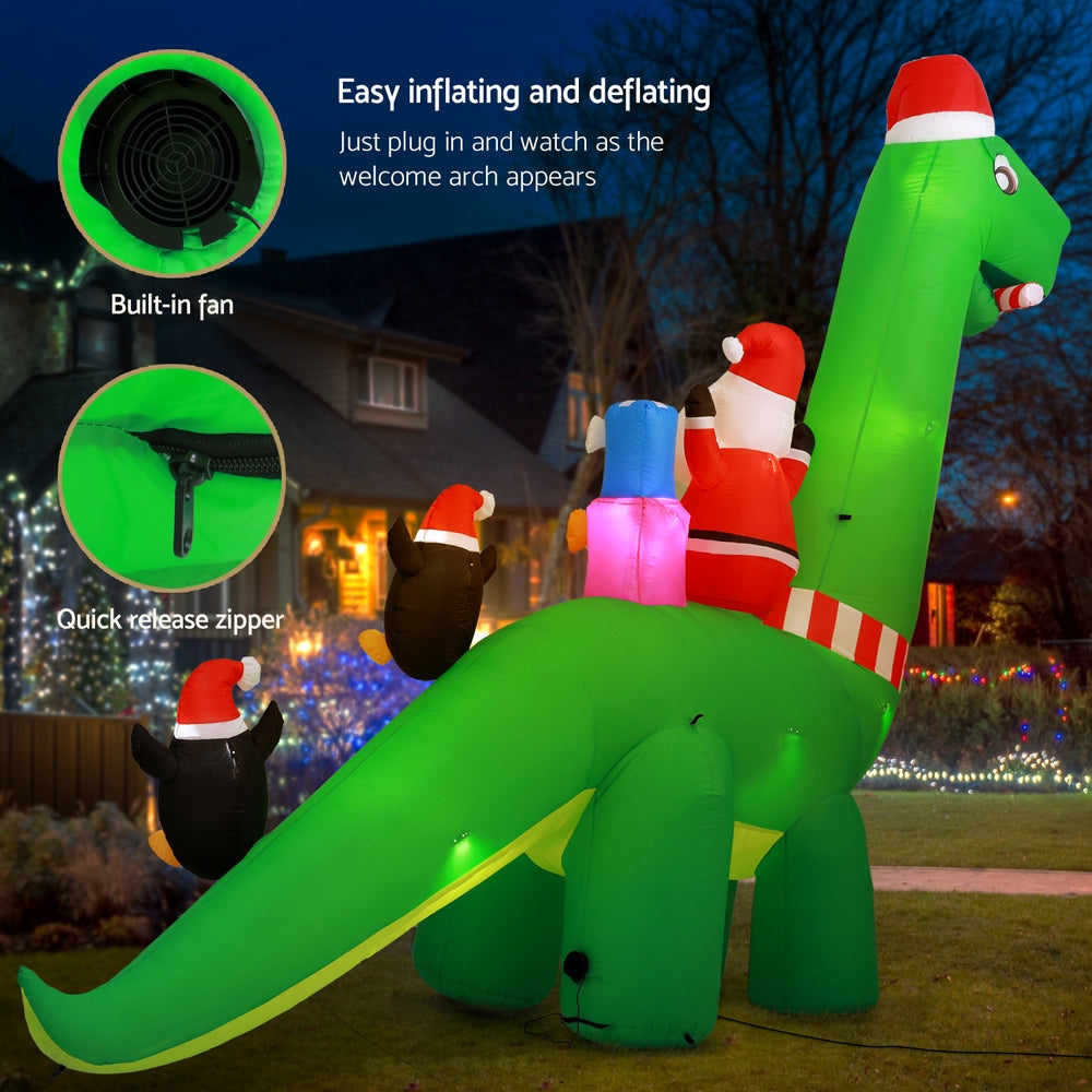 Water-Resistant LED Inflatable Santa Dinosaur, 3.8M, Jingle Jollys