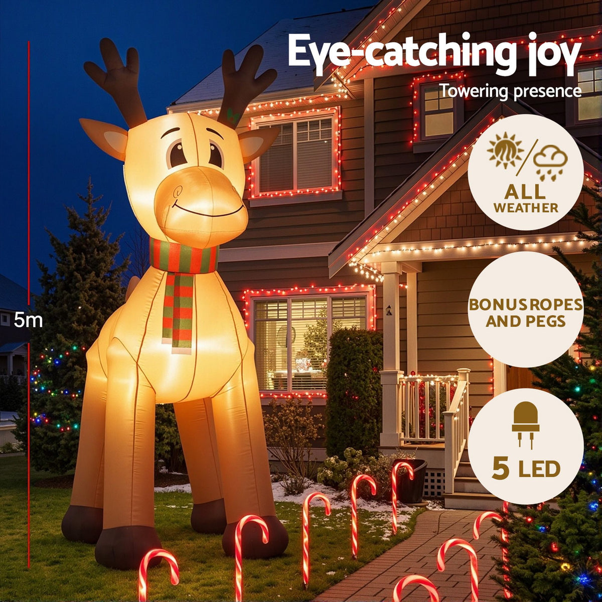Jingle Jollys 5M Christmas Inflatable Reindeer Illuminated Decoration