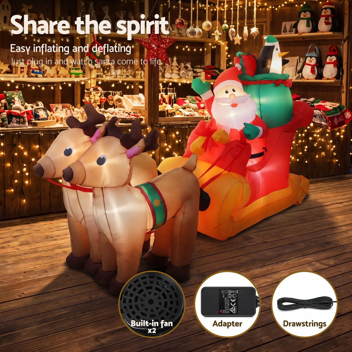 Jingle Jollys Christmas Inflatable Santa Sleigh 2.2M Illuminated