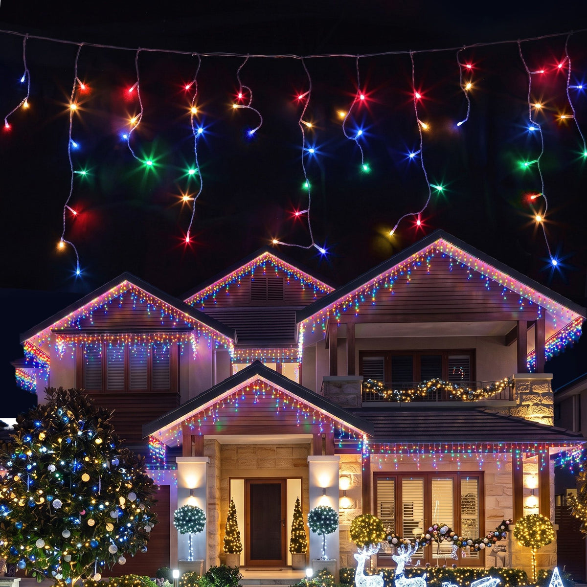 Jingle Jollys 12.5M Solar Icicle Christmas Lights Multi Colour