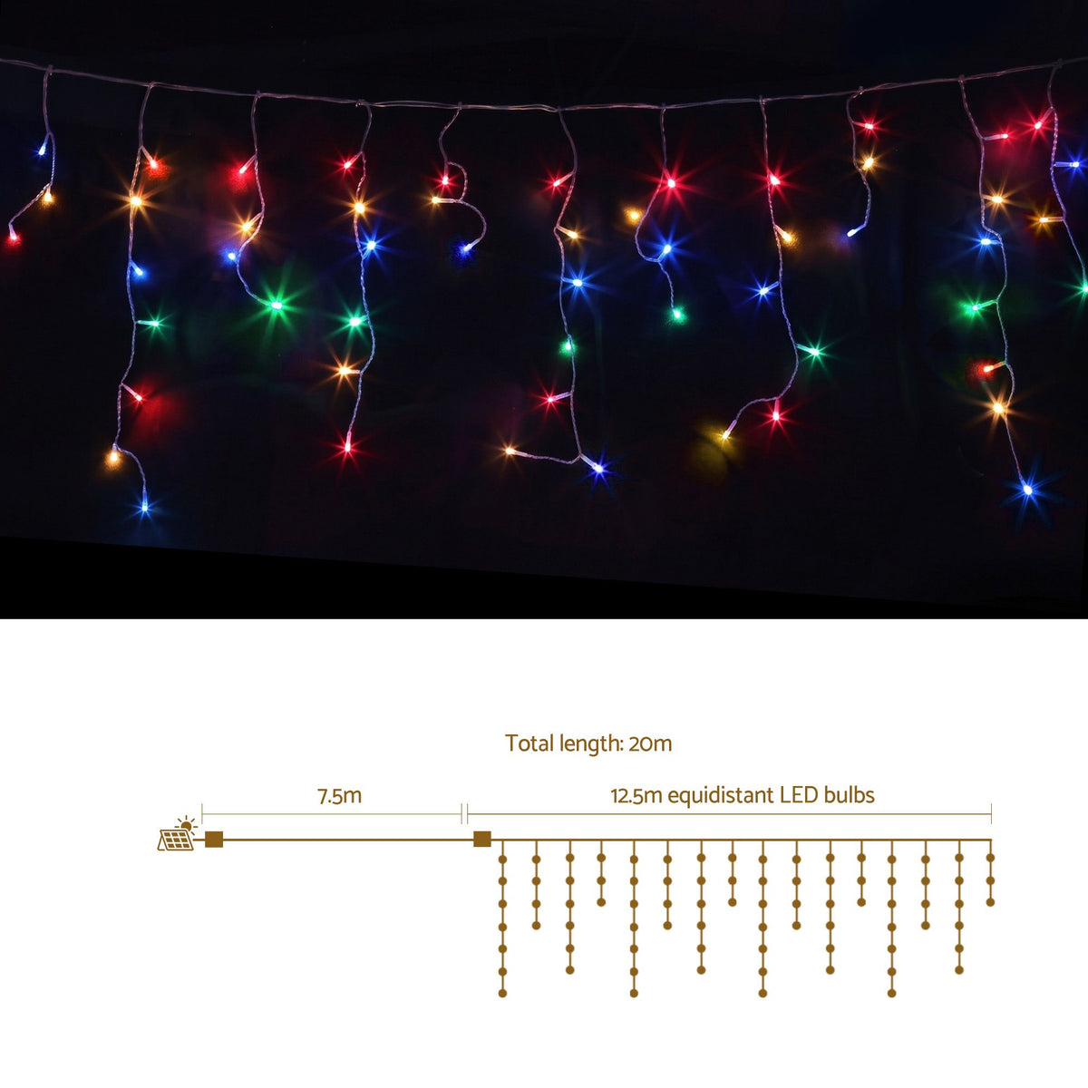 Jingle Jollys 12.5M Solar Icicle Christmas Lights Multi Colour