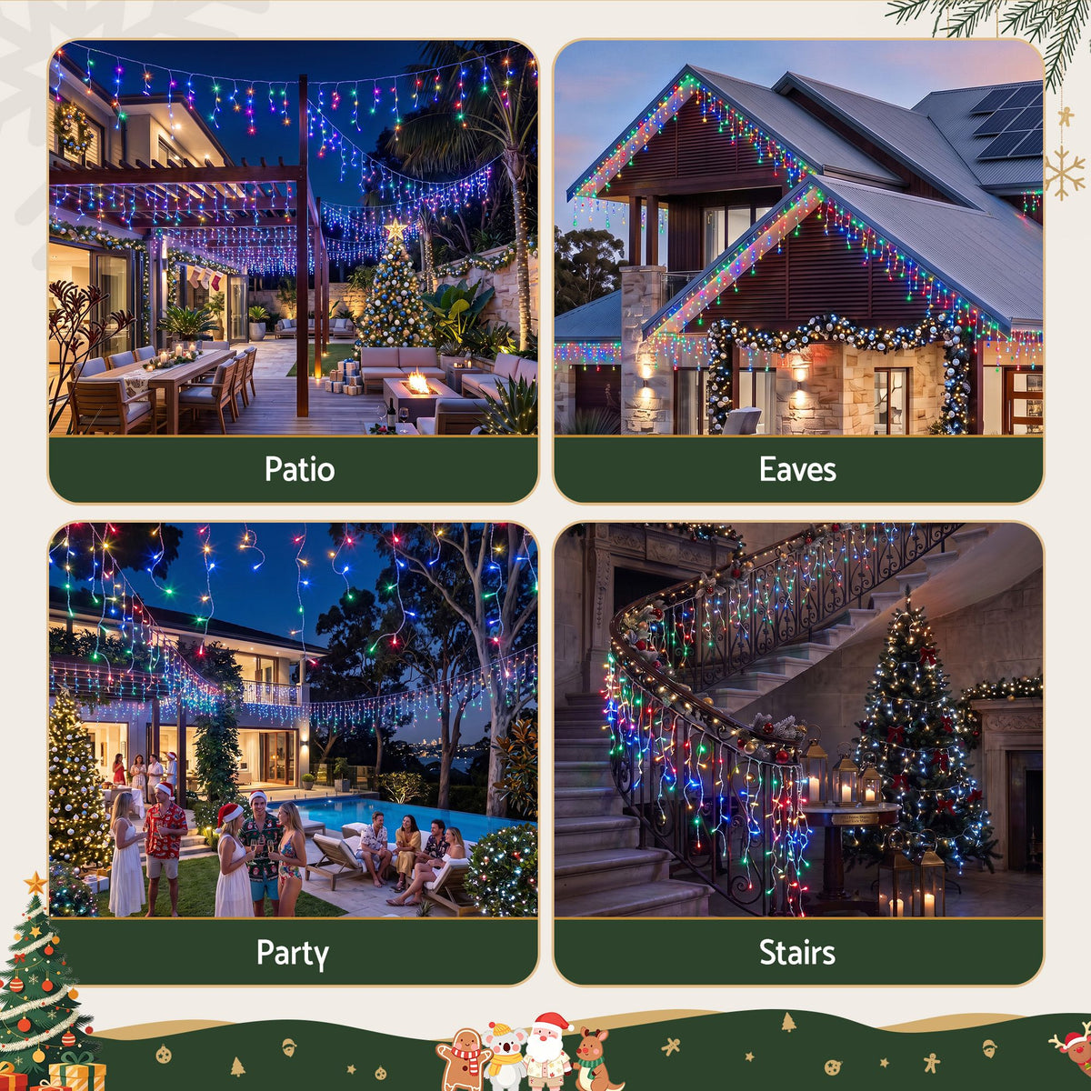 Jingle Jollys 12.5M Solar Icicle Christmas Lights Multi Colour
