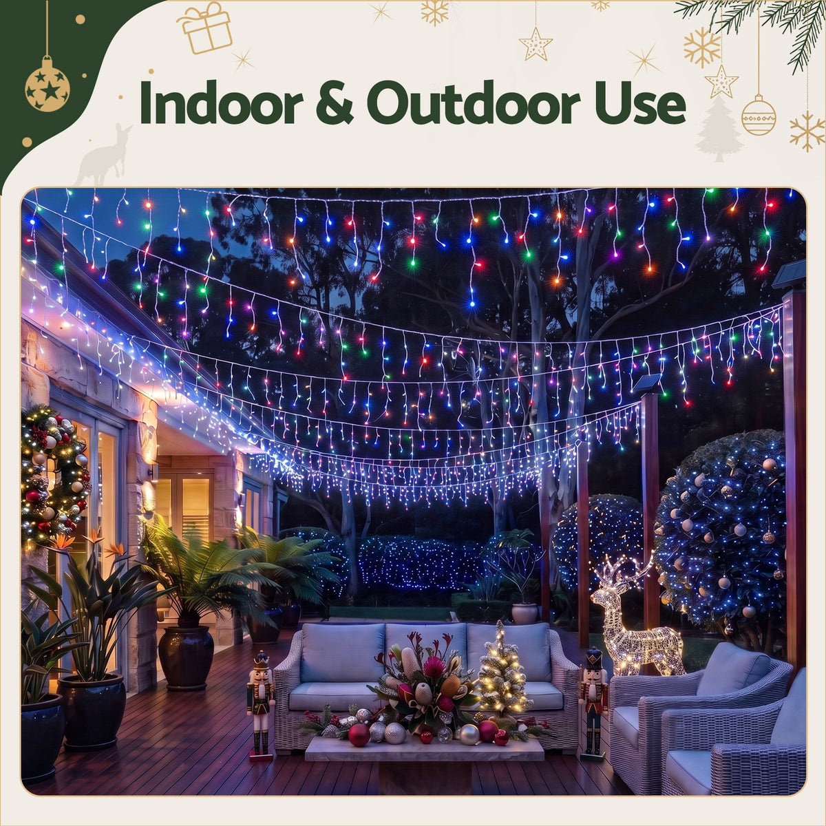 Jingle Jollys 12.5M Solar Icicle Christmas Lights Multi Colour