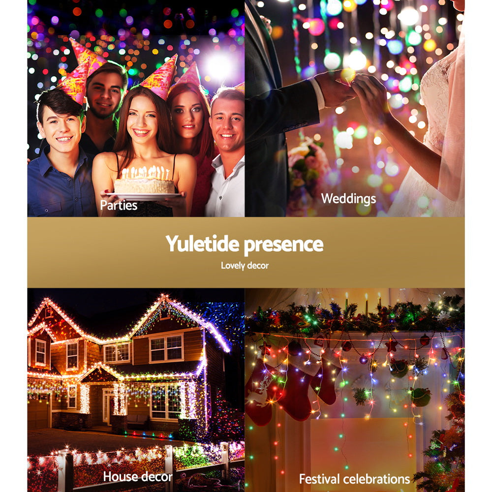 Jingle Jollys 12.5M Solar Icicle String Lights Multi-Colour