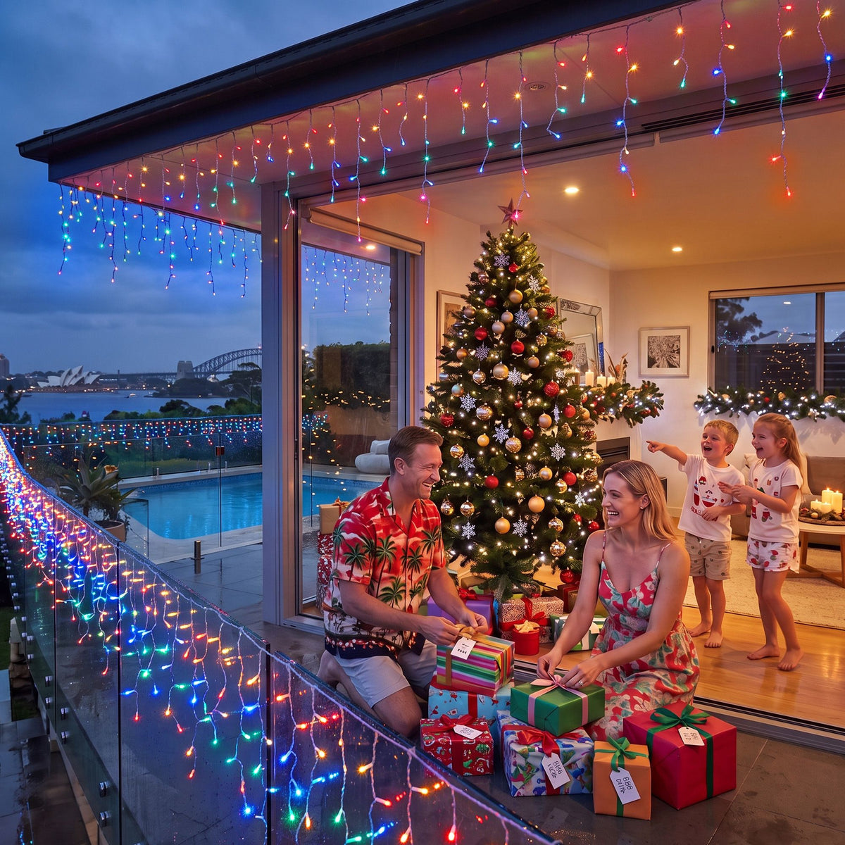 Jingle Jollys 12.5M Solar Icicle Christmas Lights Multi Colour