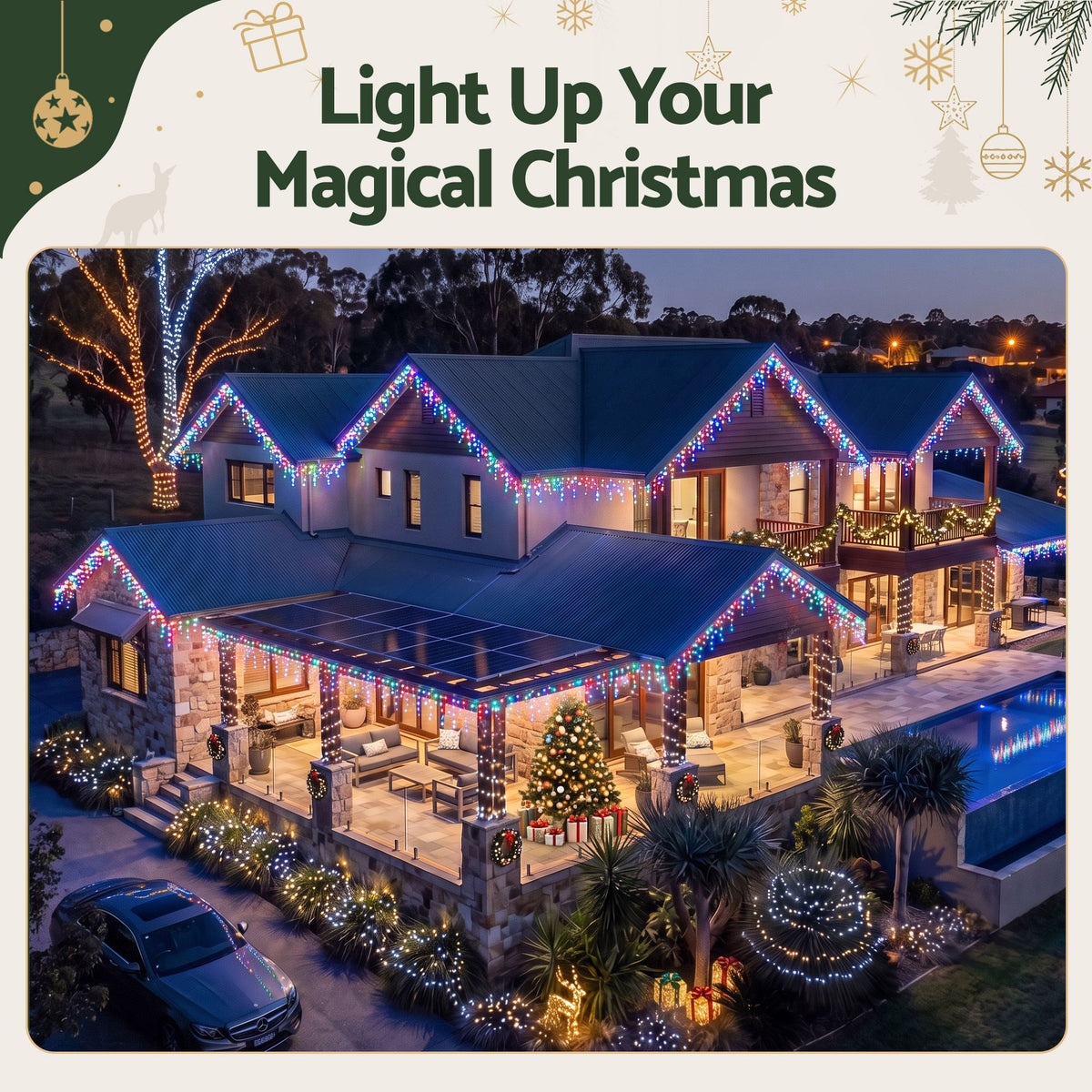 Jingle Jollys 12.5M Solar Icicle Christmas Lights Multi Colour