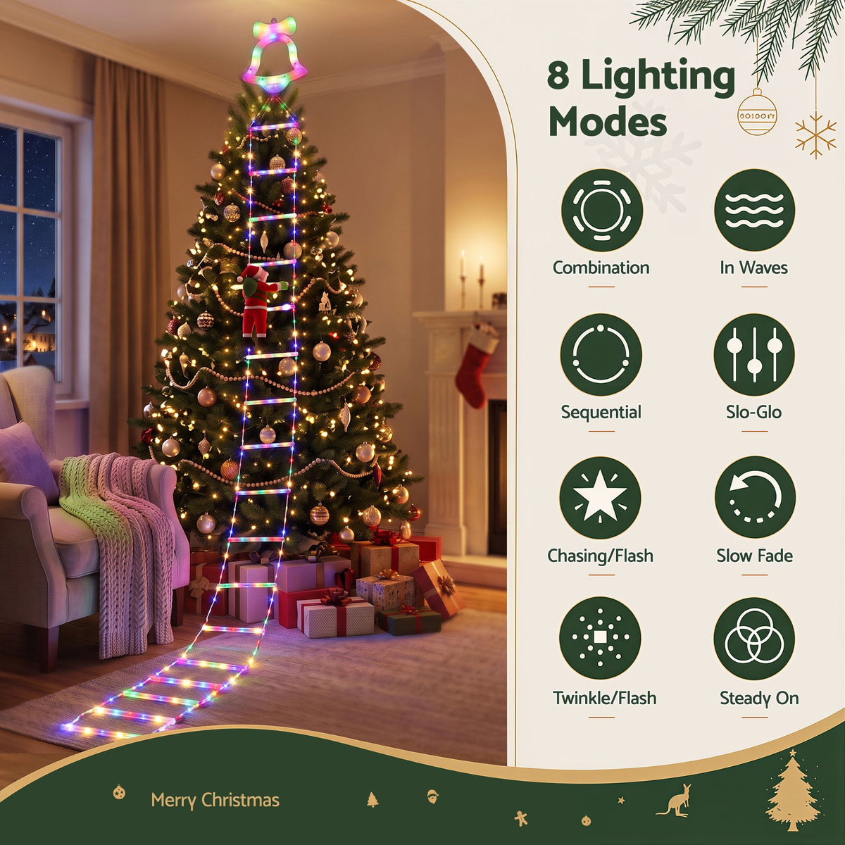 Jingle Jollys 3.5M Christmas Ladder Lights 300 LED with Santa Claus