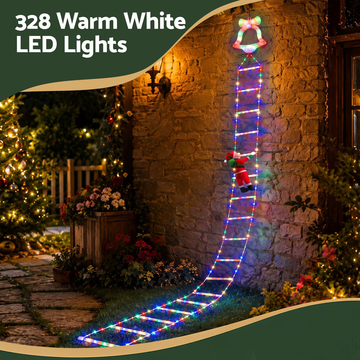 Jingle Jollys 3.5M Christmas Ladder Lights 300 LED with Santa Claus