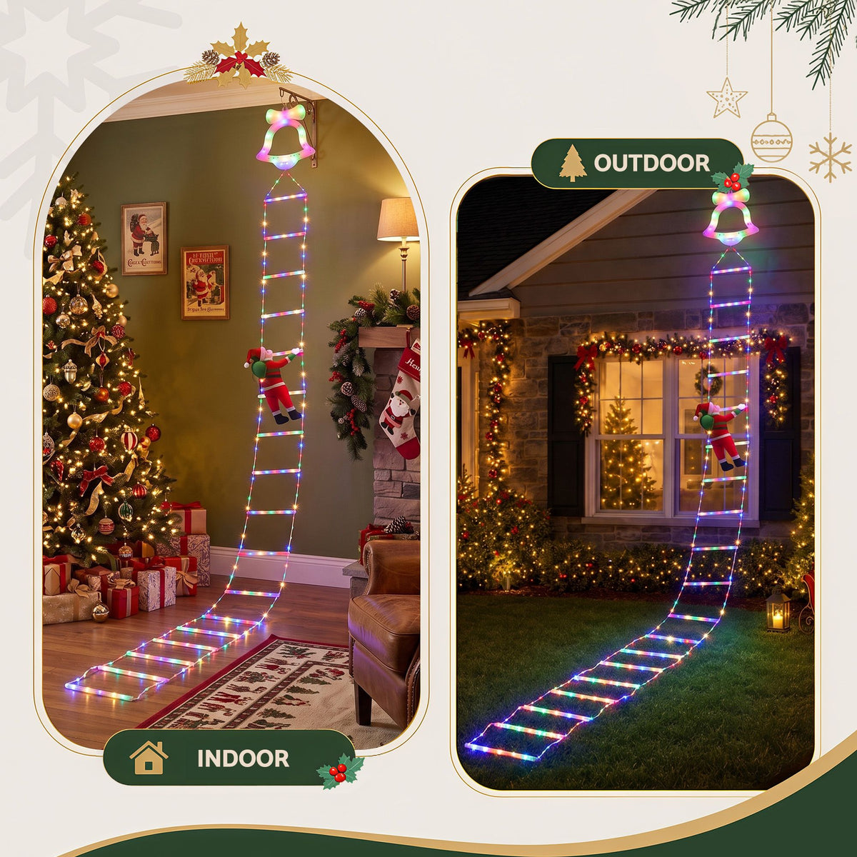 Jingle Jollys 3.5M Christmas Ladder Lights 300 LED with Santa Claus