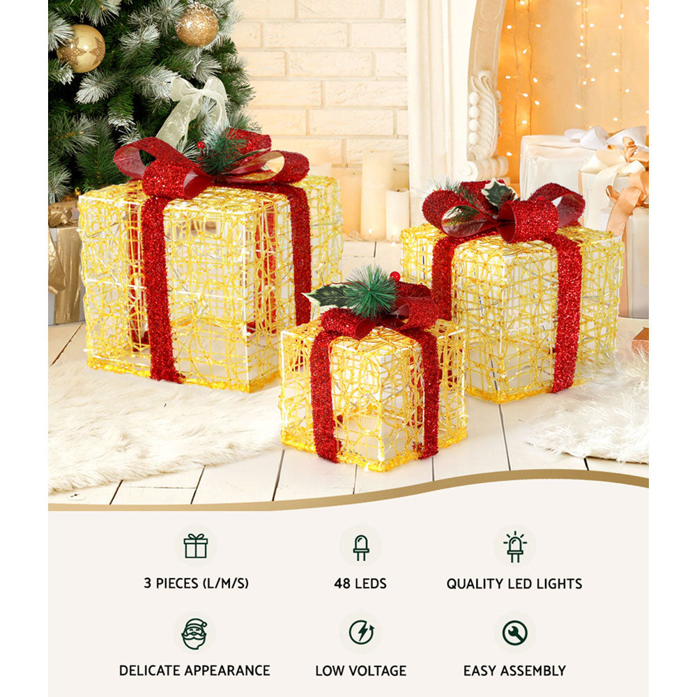 Jingle Jollys 3-Piece LED Christmas Gift Box Light Set 48 Warm-White
