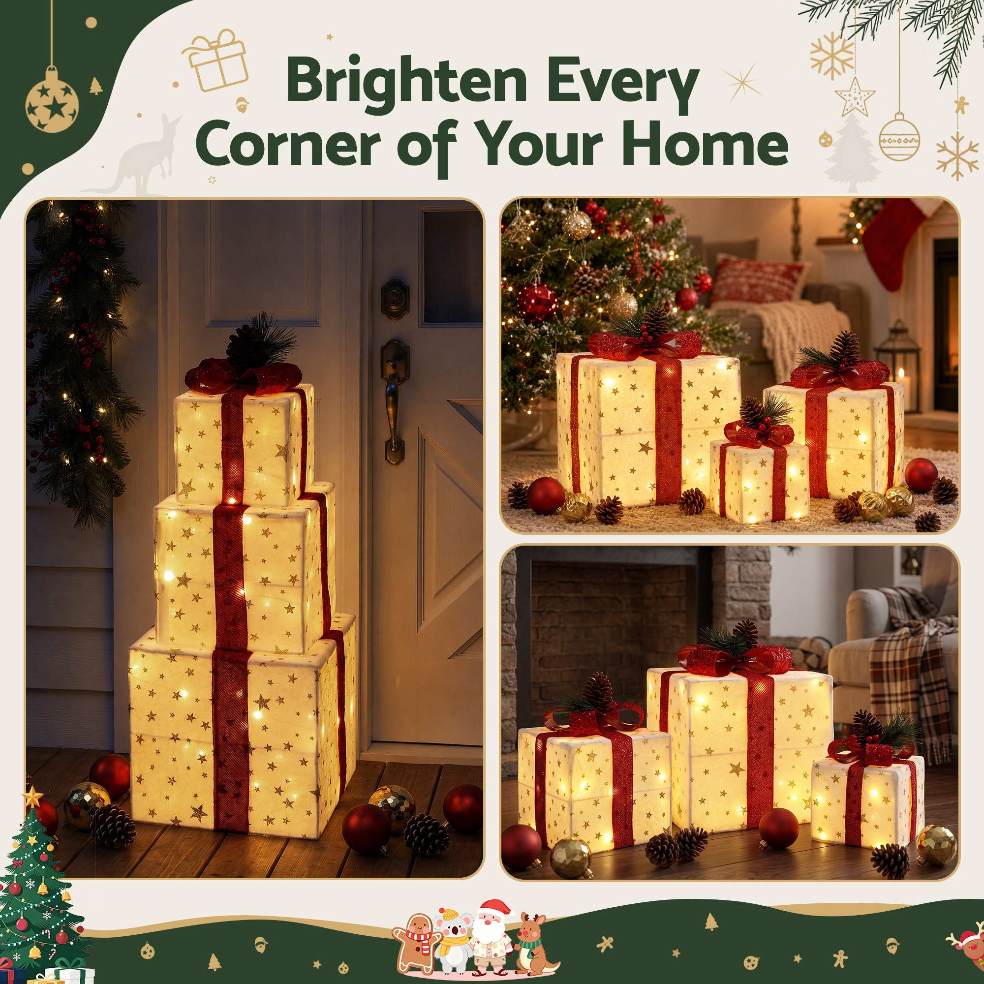Jingle Jollys Christmas Decorations 3PC Lighted Gift Boxes Christmas Lights