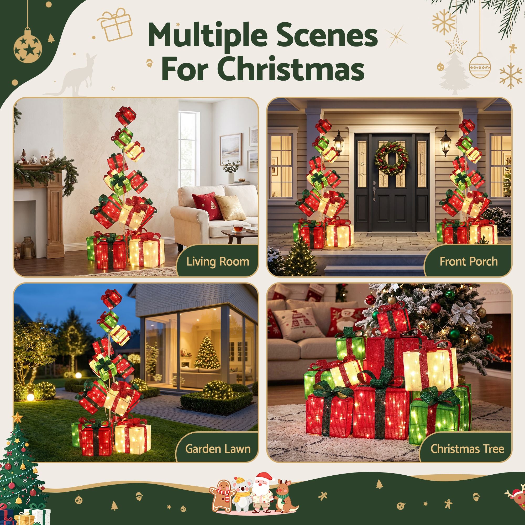 Jingle Jollys Christmas Decorations Lighted Gift Box Tower Christmas Lights Stackable 170cm