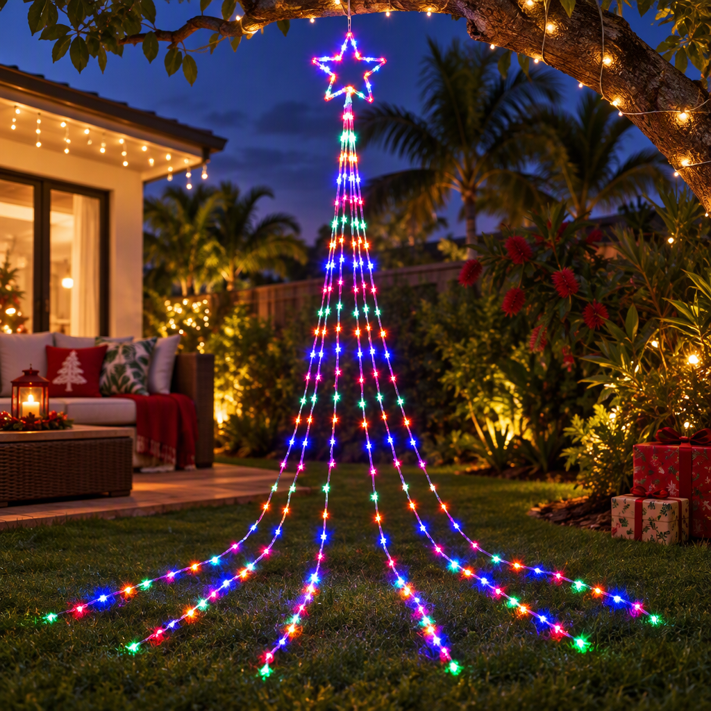 Jingle Jollys 3m Solar Christmas Lights Waterfall Star Multicolour