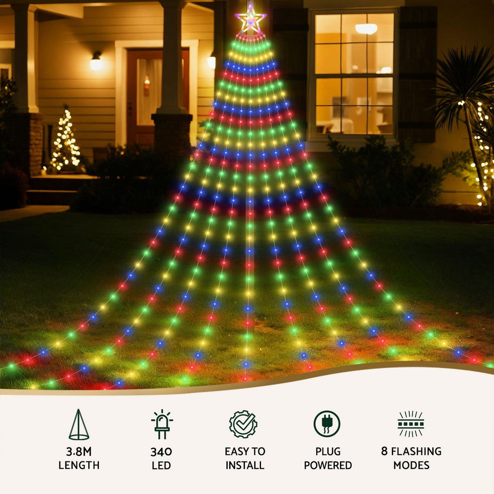 Jingle Jollys 3.8M Christmas Waterfall String Lights 340 LED Multi-Coloured