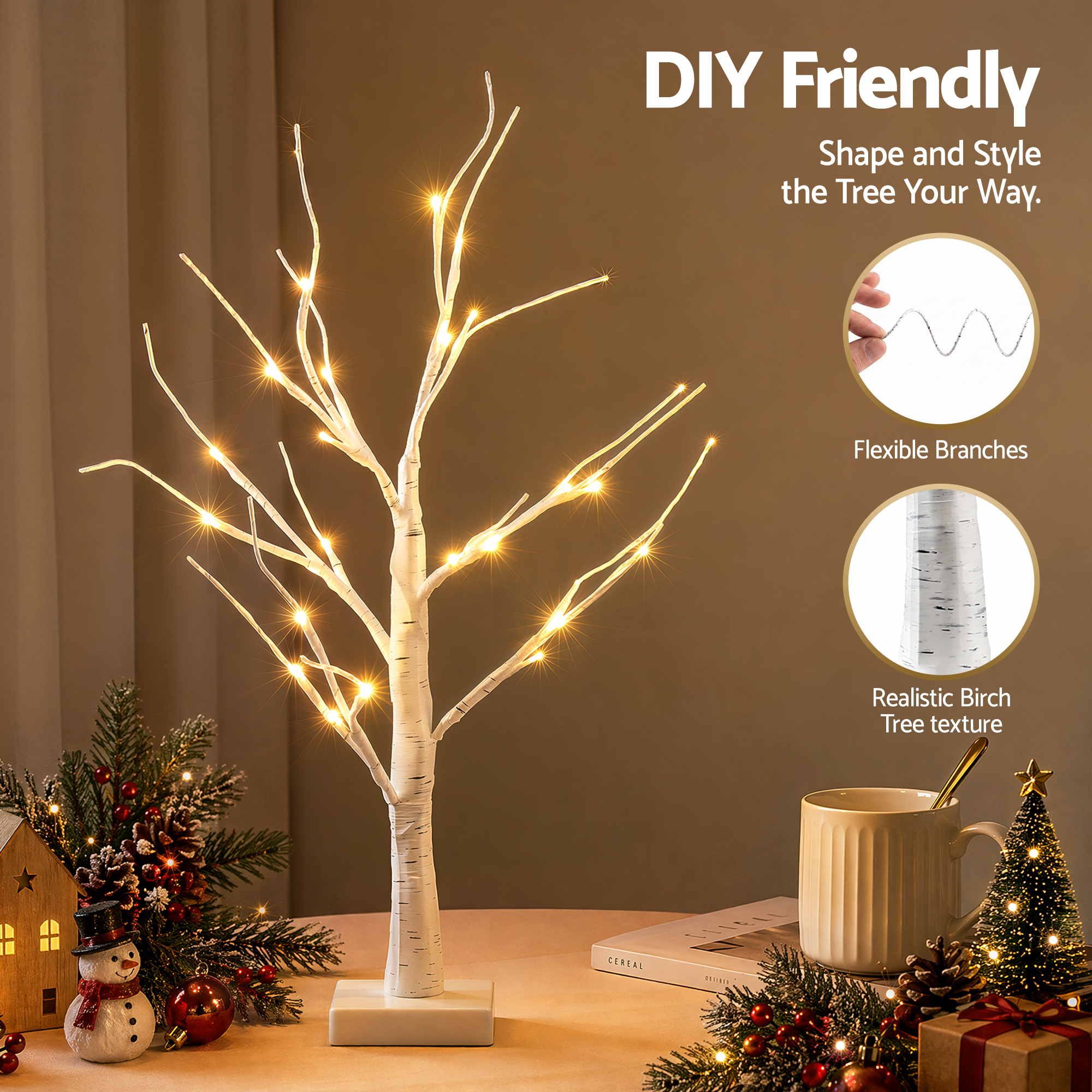 Jingle Jollys Lighted Branch Tree Christmas Decorations Warm White Christmas Lights 2 Pack 60cm