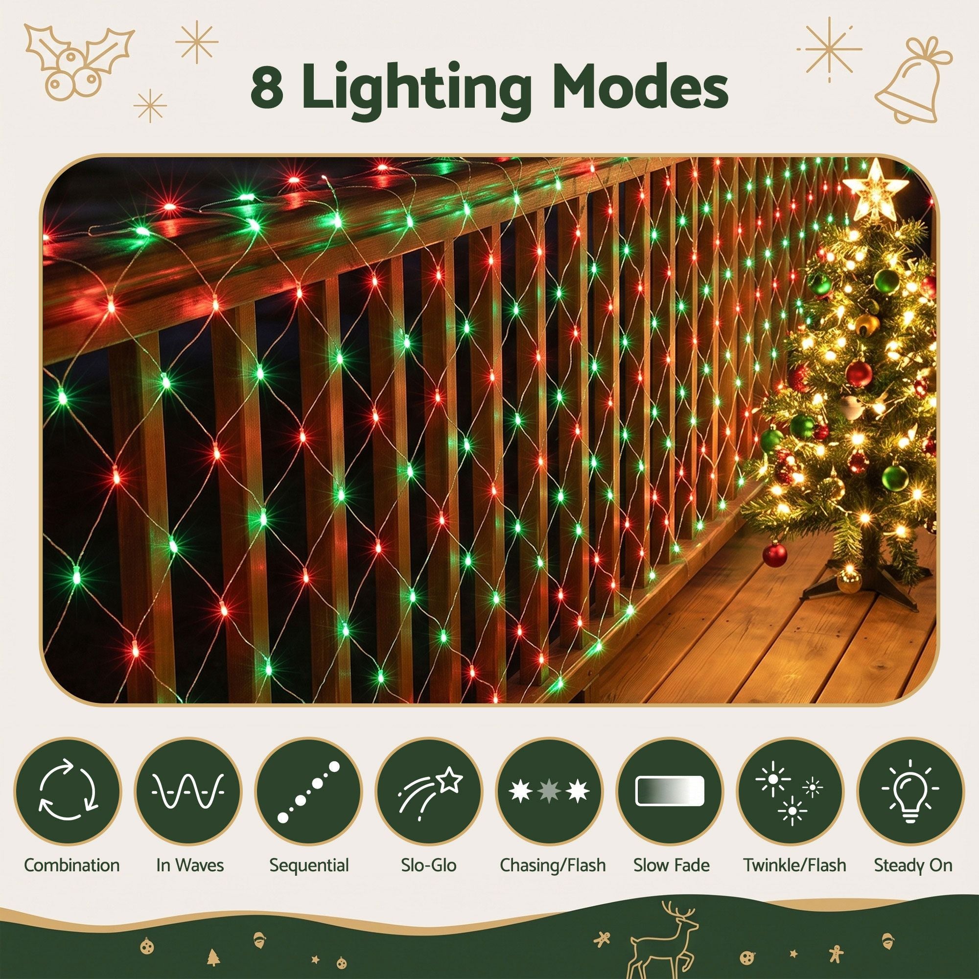 Jingle Jollys Christmas Lights 6x4m Christmas Net Lights 1000LED Red Green Festive Lighting