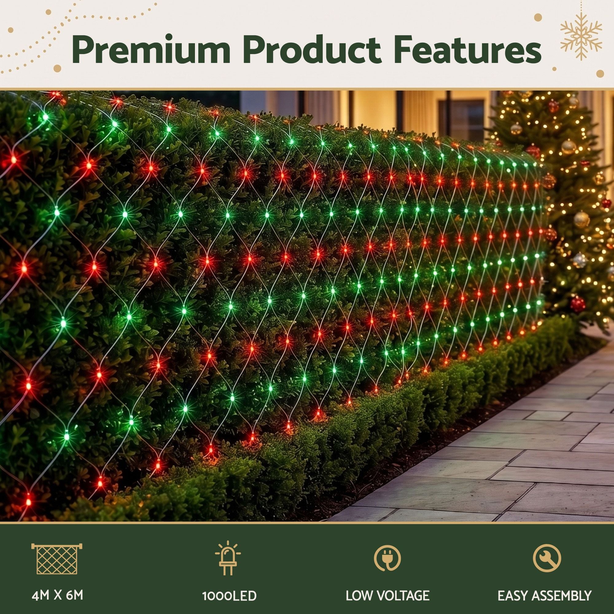 Jingle Jollys Christmas Lights 6x4m Christmas Net Lights 1000LED Red Green Festive Lighting