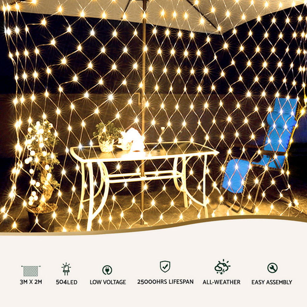 Water-Resistant 3M x 2M Net LED Christmas Lights, 8 Modes, Solar Powered, 504 LEDs - Jingle Jollys