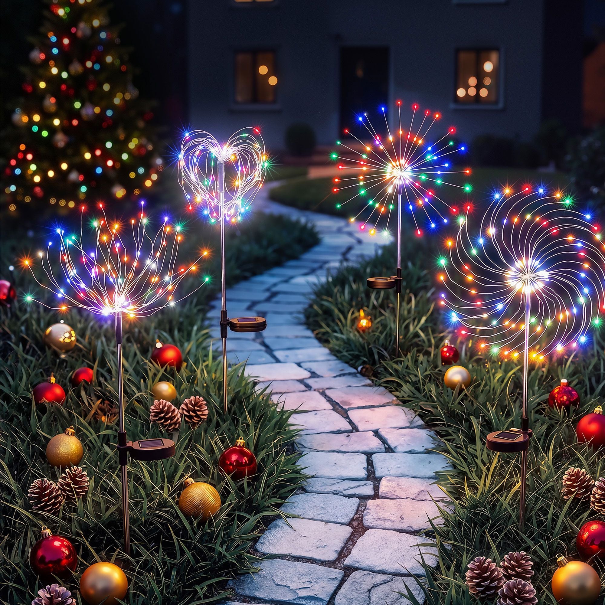 Jingle Jollys 4 Pack Christmas Path Lights Solar Firework Garden Decoration Multicolour