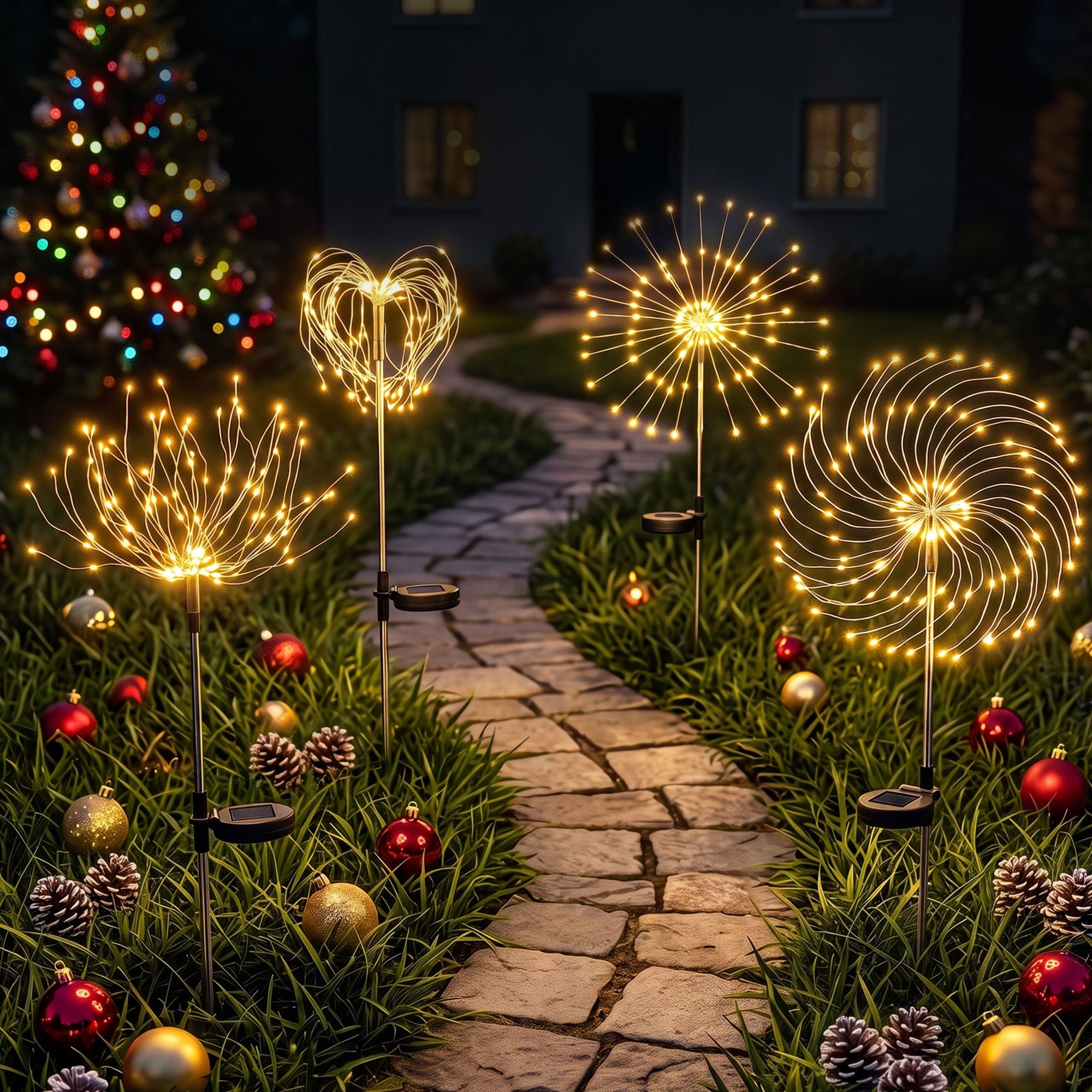 Jingle Jollys 4 Pack Christmas Lights Solar Firework Outdoor Garden Lights DIY Decoration Warm White