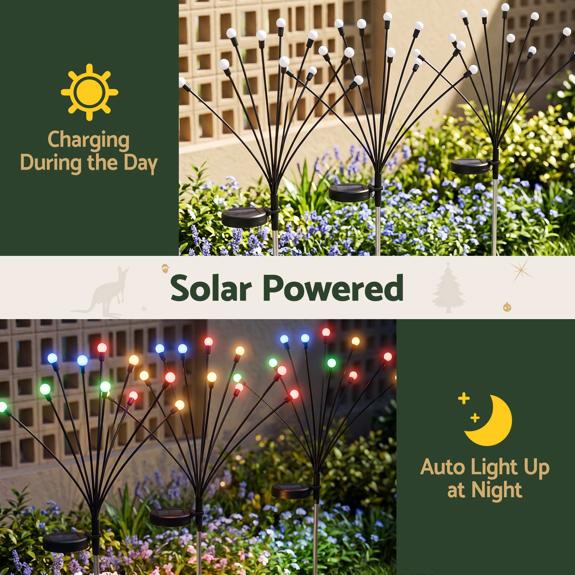 Jingle Jollys Christmas Lights Solar Firefly Lights Garden Decoration Path Lights Multicolour 3 Pack