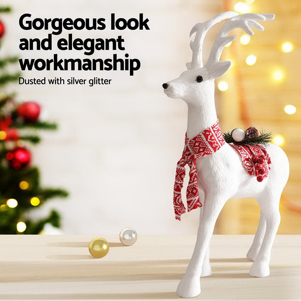 60cm White Glitter Deer Ornaments, Red Scarf, Premium Xmas Decor - Jingle Jollys