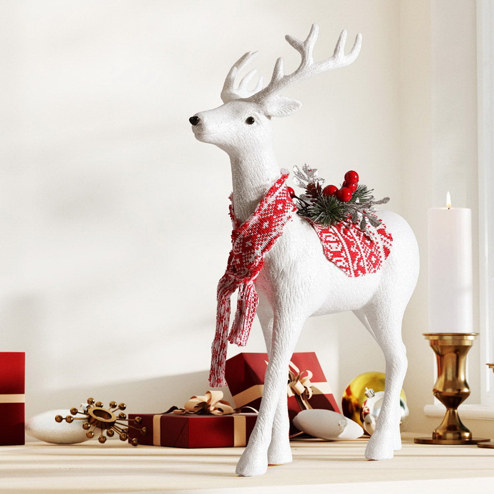 White Glitter Deer Ornaments w/Rd Scarf & Berries, Jingle Jollys