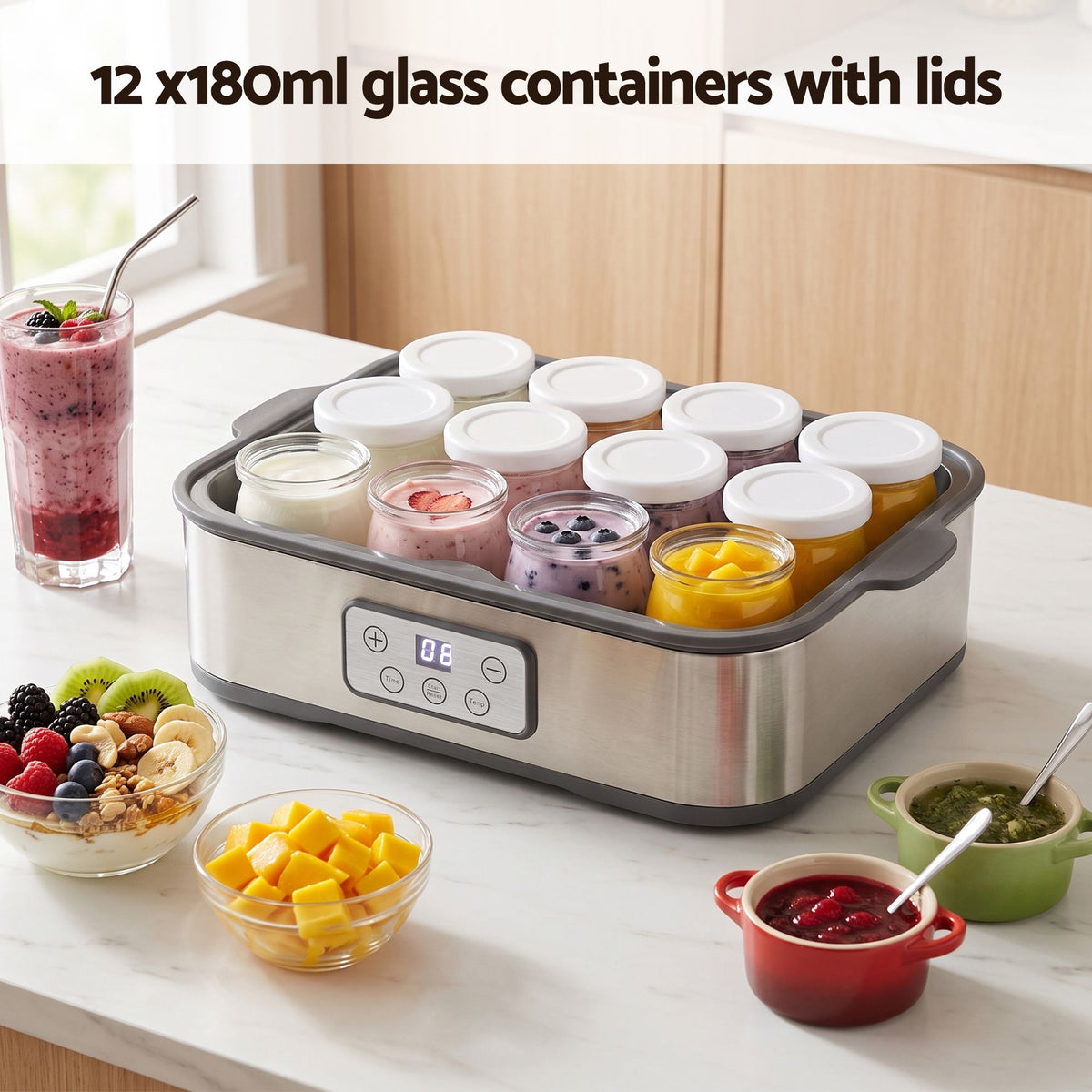 Devanti Yoghurt Maker 12 x 180ml Glass Cups Grey