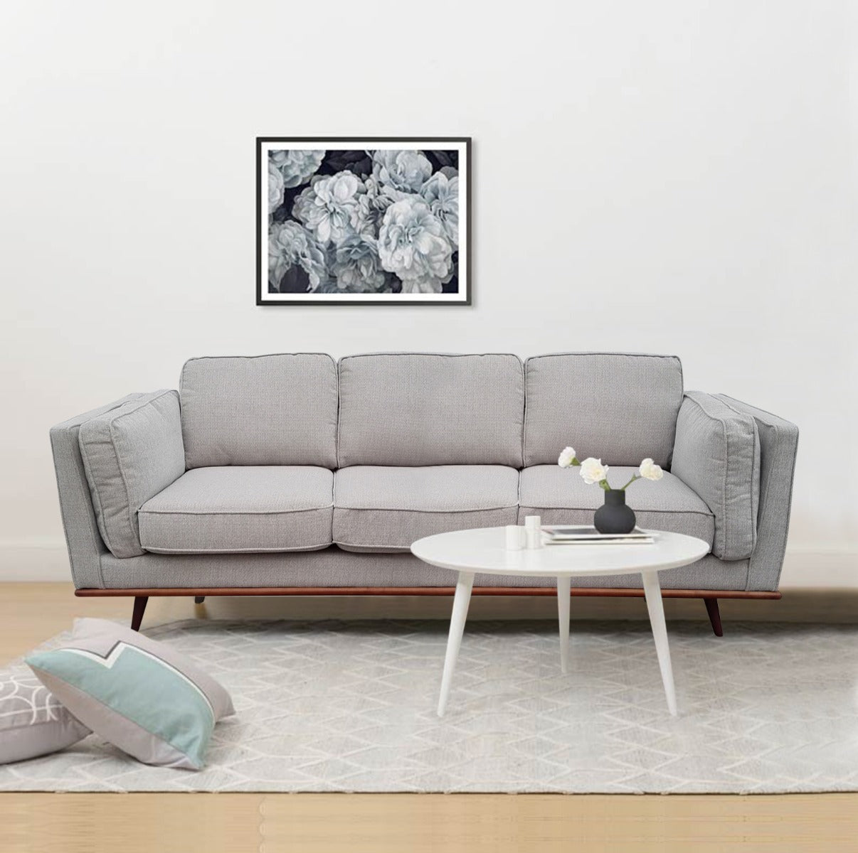 Beige Modern 3 Seater Fabric Sofa with Wooden Frame